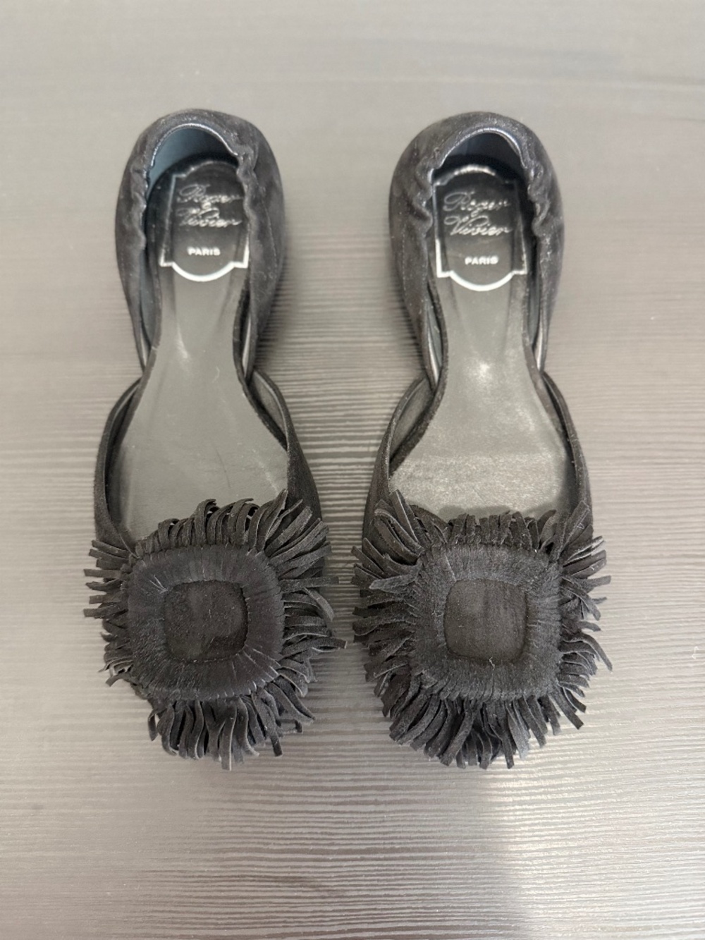 Roger Vivier Black Suede Fringe Flats